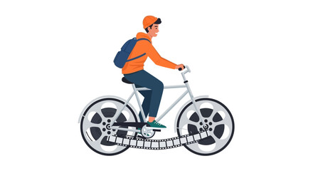 Fototapeta premium Young person on bicycle with film reel wheels vector illustration