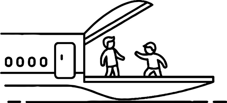 Two children disembarking from an airplane outside.