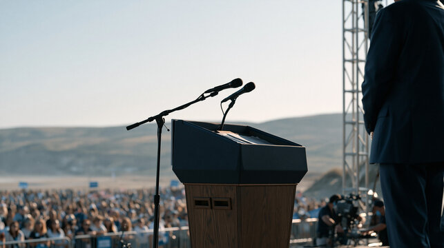 Outdoor campaign rally stage with a teleprompter visible at an angle, a wide empty podium moments before the candidate arrives, sound technicians adjusting microphones, a dense expectant crowd beyon