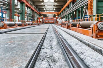 Obraz premium Long production line and rail guides stretch through a modern factory, ideal for automation, manufacturing, and industrial planning.