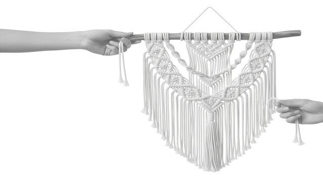 Handmade White Macrame Wall Hanging with Intricate Knots and Fringe, Bohemian Fiber Art Isolated on White Background