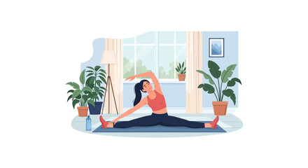 Obraz premium Young Woman Doing Side Stretch on Yoga Mat in a Bright Living Room, Home Fitness and Wellness Illustration