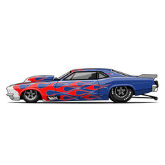 Obraz premium Cartoon Classic Muscle Car with Flames - Side View