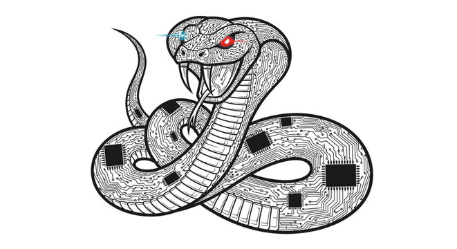 Coiled cobra snake with digital circuit board pattern design.
