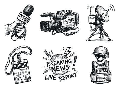 Journalism news reporting media equipment icons set