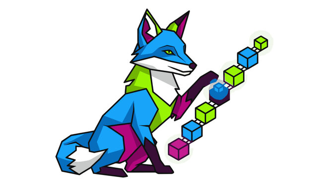 Colorful geometric fox mascot with blockchain cube data.