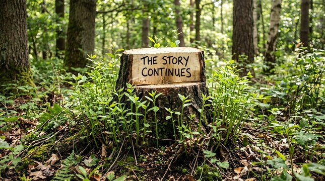 New green shoots rise around a cut tree stump inscribed with 'The Story Continues,' creating a powerful metaphor for hope, resilience, and the relentless continuation of life.