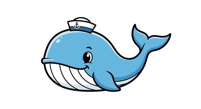 Cute baby blue whale wearing a white sailor hat.