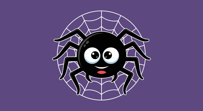 Cute black spider on purple web background icon.