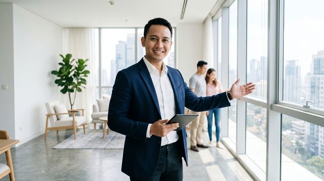 Confident Southeast Asian Male Real Estate Agent 
Presenting Modern Luxury Apartment to Clients, 
Property Investment Concept