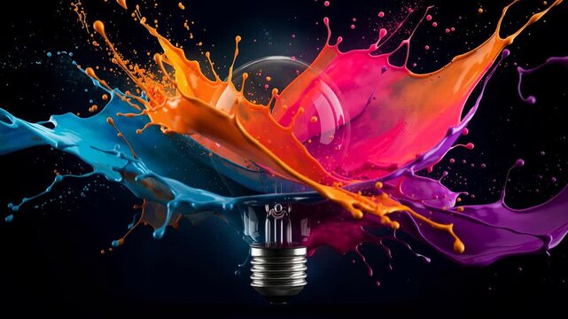 Creative colorful paint splashes bursting from light bulb symbolizing innovation and bright ideas