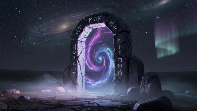 Mystical stone portal with glowing runes opening to a colorful cosmic vortex under starry sky and northern lights