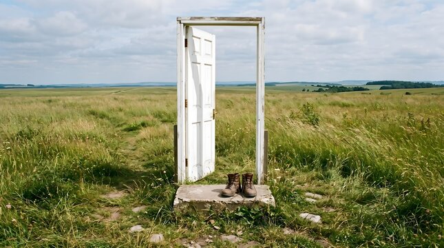 An open white door stands alone in a vast green meadow with hiking boots at the threshold, symbolizing a gateway to new beginnings, life choices, and stepping into the unknown.