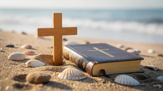 Wooden cross and leather Bible on sandy beach with seashells and ocean waves in background