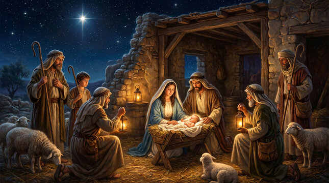 Holy Nativity Scene Birth of Jesus Christ with Mary Joseph and Shepherds
