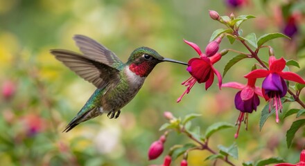 Fototapeta premium Hummingbird feeding on colorful fuchsia flowers in garden