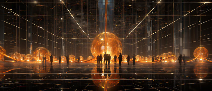 People silhouettes in a futuristic grid room with glowing orange spheres