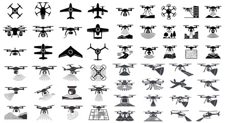 Naklejka premium Modern mapping technology laser scanning drone icons set with rotating cylindrical LiDAR sensor, field irrigation, aerial photography, cargo delivery, building inspection, topographic scanning, UAV, 