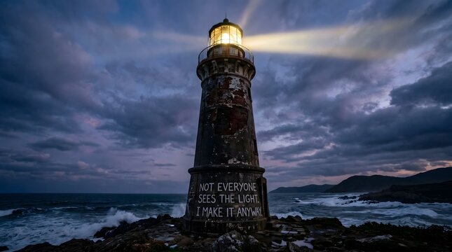 An old coastal lighthouse shining its beacon into a stormy night, a profound metaphor for self-reliance and creating light in the face of indifference and dark adversity.