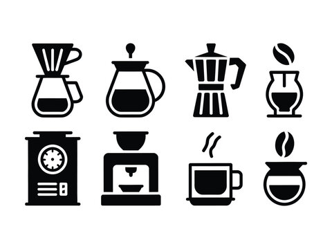 Black and white coffee maker and brewer icons on transparent background