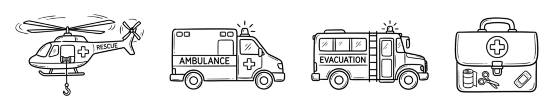 Emergency medical rescue and evacuation vehicles with first aid kit
