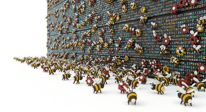 Digital Swarm of Bees and Gears on Code Wall