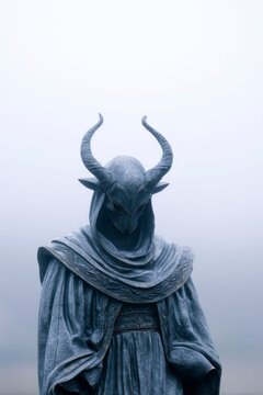 a statue of the devil in foggy weather, wearing ancient robes and horns on its head