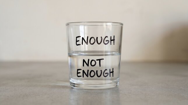 A glass half-filled with water labeled 'Enough' and 'Not Enough' creates a profound visual metaphor for perspective, scarcity mindset, contentment, and subjective satisfaction.