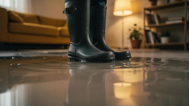 Indoor flooding with person wearing black rubber boots standing in water on living room floor