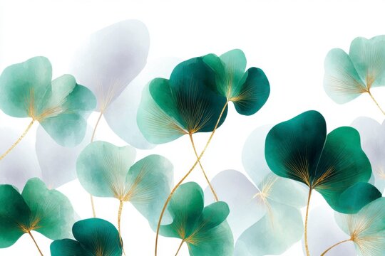 watercolor clover leaves with gold foil accents, seamless pattern on a white background, soft green and dark emerald colors.