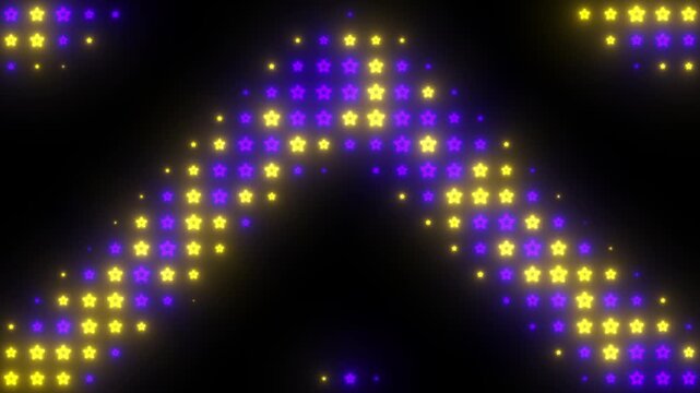 Dynamic abstract neon glowing yellow and purple star shapes moving upward in chevron arrow formation on black background, 4k video