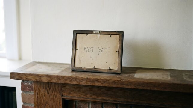 A backward wooden picture frame with 'NOT YET' written on its dusty backing rests on a mantelpiece, symbolizing patience, delayed goals, and the quiet expectation of the future