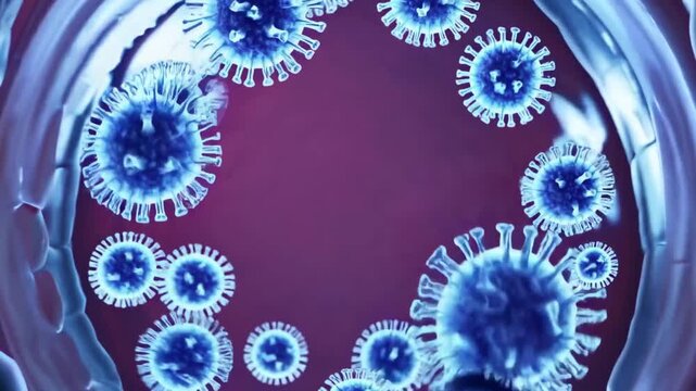 Visual representation of viral particles interacting with red blood cells. Close-up view inside human bloodstream presenting a dynamic biological environment