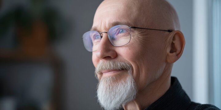 closeup of an old bald man with glasses and a goatee, a smile on his face