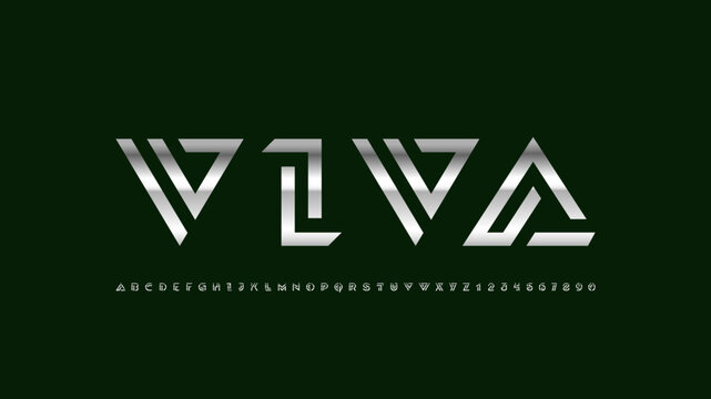 Logo font alphabet from segment chrome lines, technology letters A, B, C, D, E, F, G, H, I, J, K, L, M, N, O, P, Q, R, S, T, U, V, W, X, Y, Z and numerals 0, 1, 2, 3, 4, 5, 6, 7, 8, 9, vector illustra