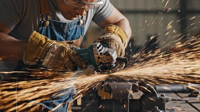 Close-up of a worker using an angle grinder to cut metal with sparks flying in a workshop.