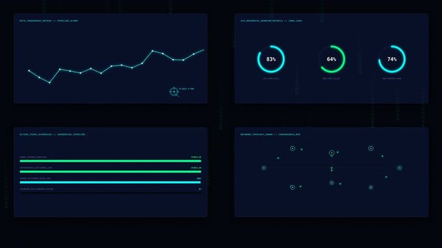 Dynamic motion of digital data graphs and circular progress indicators showcasing technological analytics and real-time updates in a futuristic style.