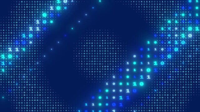 Futuristic glowing blue binary code data stream flowing diagonally across a dark digital cyberspace background, 4k video
