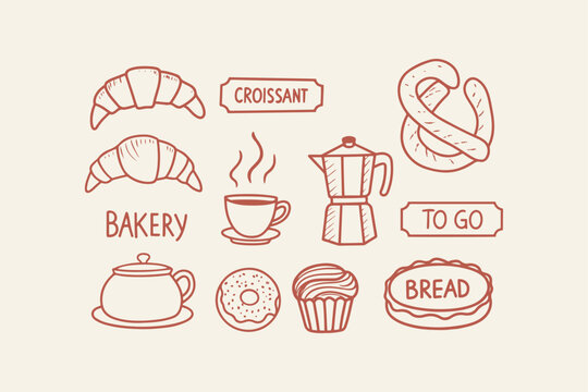 Set of hand-drawn bakery icons including croissants and coffee maker with bread labels croissant illustration breakfast collection decoration lifestyle caffeine template