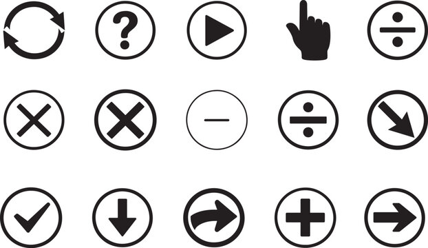 Sign icon set featuring plus sign, question mark, symbols and interface indicators in vector style.
