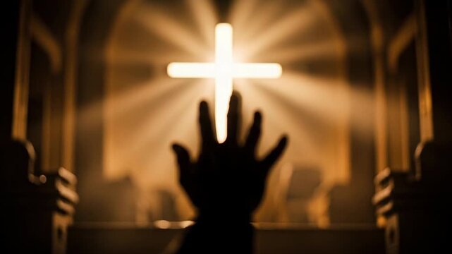 Silhouette of hand raised in worship with glowing cross and warm light rays in church interior