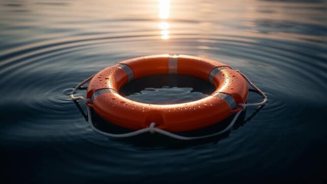 Orange lifebuoy floating on calm water with sun reflection during sunset or sunrise