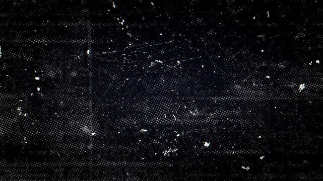 Dark grunge texture with vintage halftone dots, white scratches, dust particles, and dynamic lighting overlay effect, 4k video