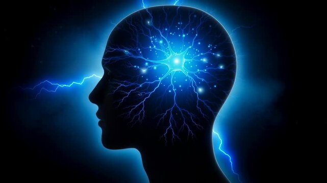 Glowing human brain silhouette with electric neural network concept for mental power and intelligence