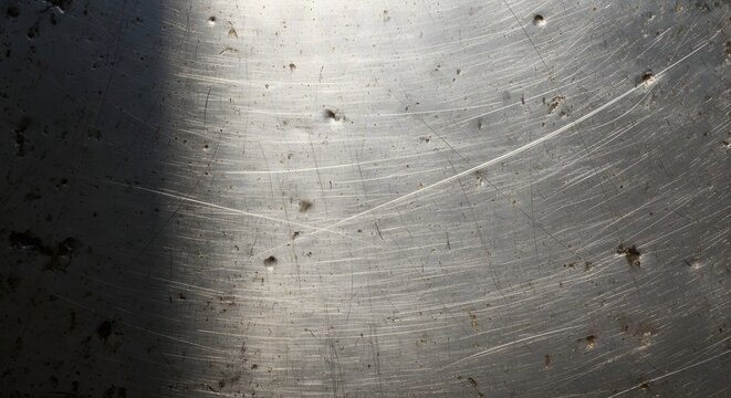 Scratched and dented brushed metal surface texture close up