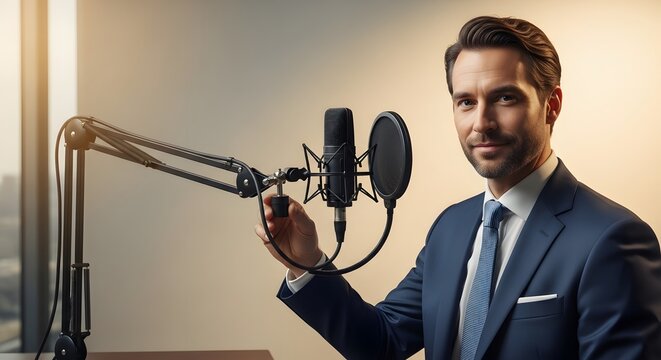 Male radio host talking into a professional microphone at his desk