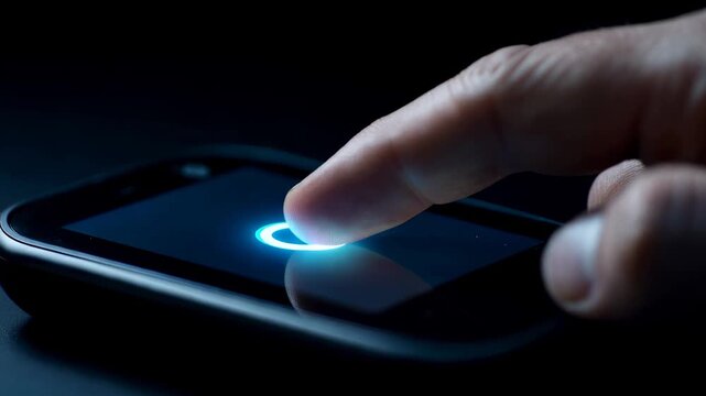User taps on glowing circle on smartphone screen in dim lighting. Setting emphasizes technology use. Concept of mobile apps, user interface, digital interaction