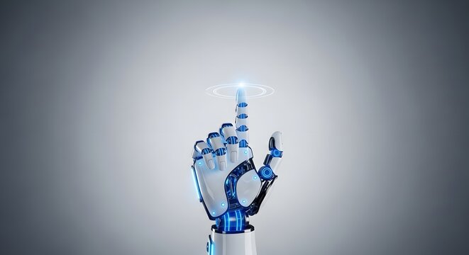 Robotic hand holding a glowing blue computer microchip processor
