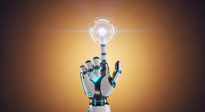 Metallic robot hand holding a bright glowing lightbulb