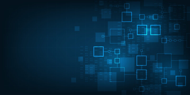Blue digital binary code and hexadecimal data flow on dark background, technology concept